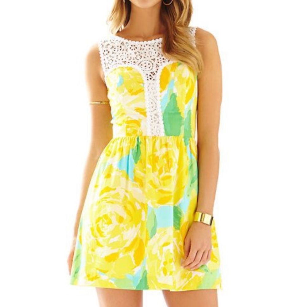 LILLY PULITZER yellow floral fit and flare dress